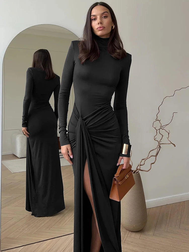 Turtleneck Thigh High Split Maxi Dress for Long Sleeve Draped Bandage Bodycon Club Long Dress