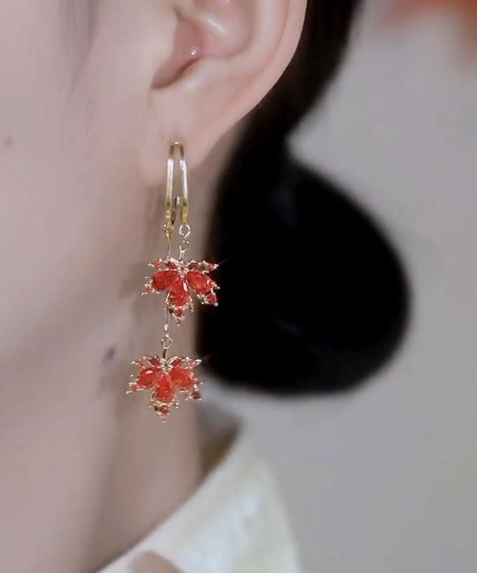 Modern Red Copper Overgild Maple Leaves Tassel Drop Earrings