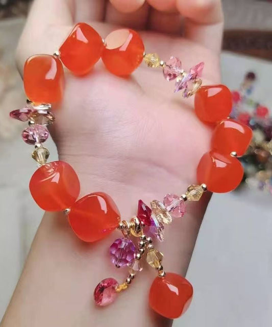 Original Design Red Hand Woven Crystal Agate Tassel Charm Bracelet