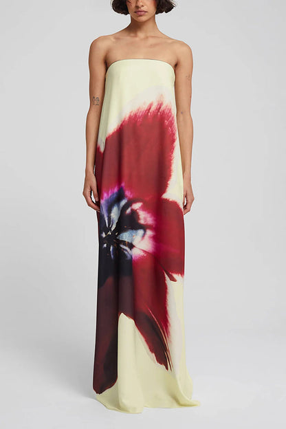 Print Strapless Backless Belt Maxi Dress