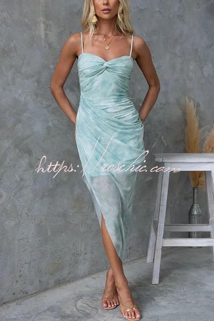 Saloni Mesh Print Twist Ruched Detail Irregular Hem Stretch Maxi Dress