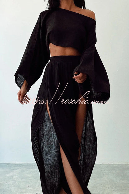 Beach Linen Blend Wide Sleeve Blouse and Elastic Waist Double Slit Skirt Set