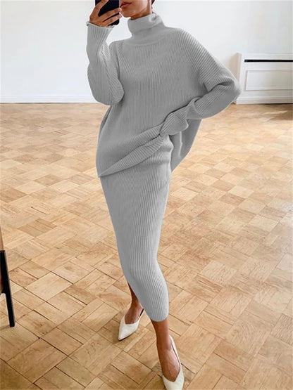 Ribbed Knit 2 Piece Dress Set Outfits Knitwear Top and Midi Skirt Sets for Winter Sweater Sets