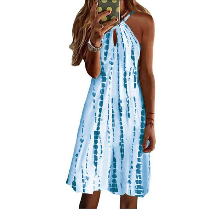 Simple Print Halter Neck Mini Dresses Hollow Out Backless Sleeveless Dress Lady Commuting Short Vestidos