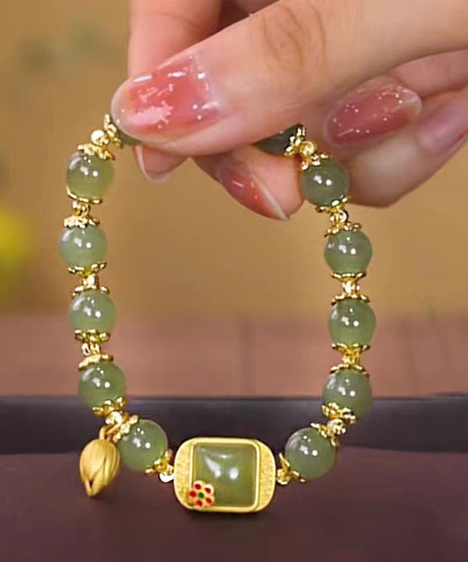 Green Sterling Silver Overgild Jade Lotus Charm Bracelet