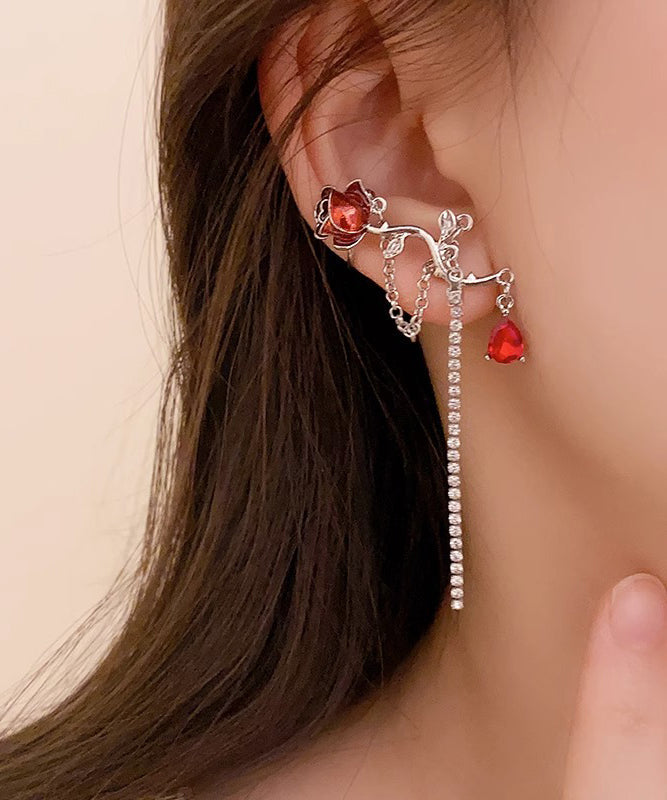Red Alloy Zircon Crystal Oil Drip Asymmetry Tassel Drop Earrings