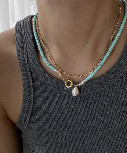 Green Copper Turquoise Pearl Pendant Necklace