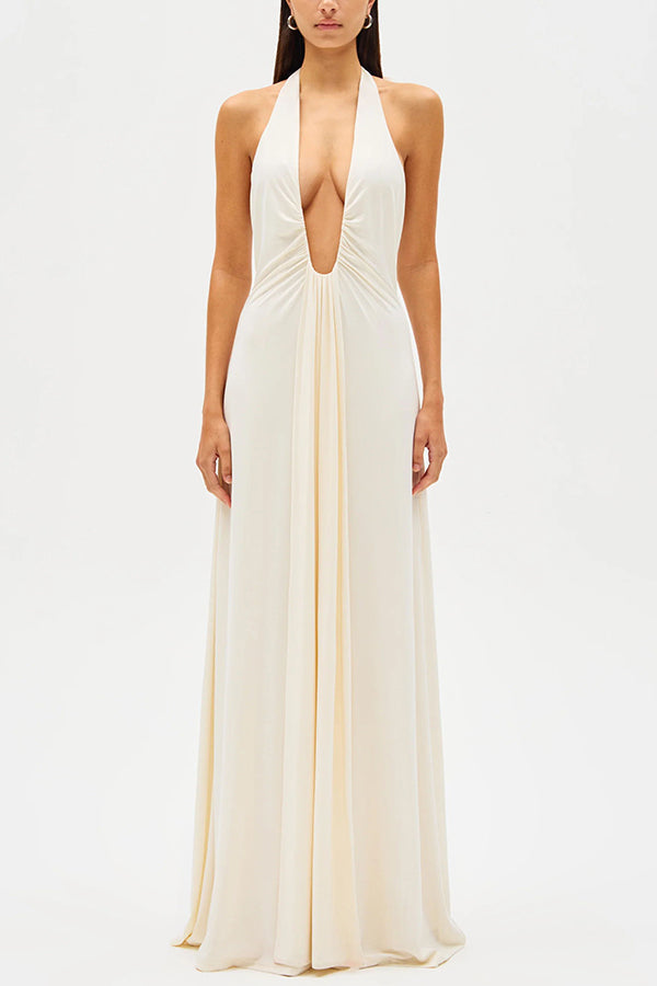 Silhouette Deep U-neck Halter Waterfall Sash Drape Maxi Dress
