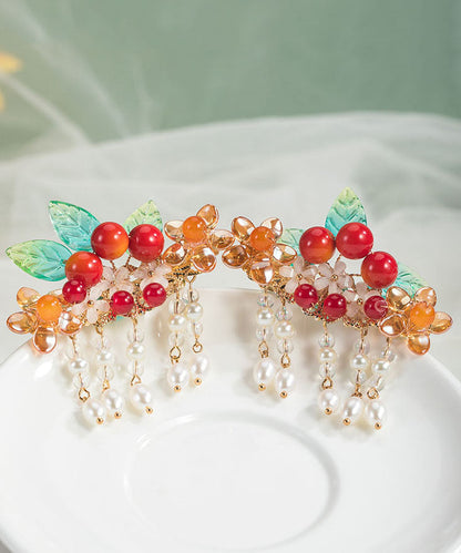 Rainbow Copper Overgild Pearl Hawthorn Leaf Tassel a Pair Hairpin