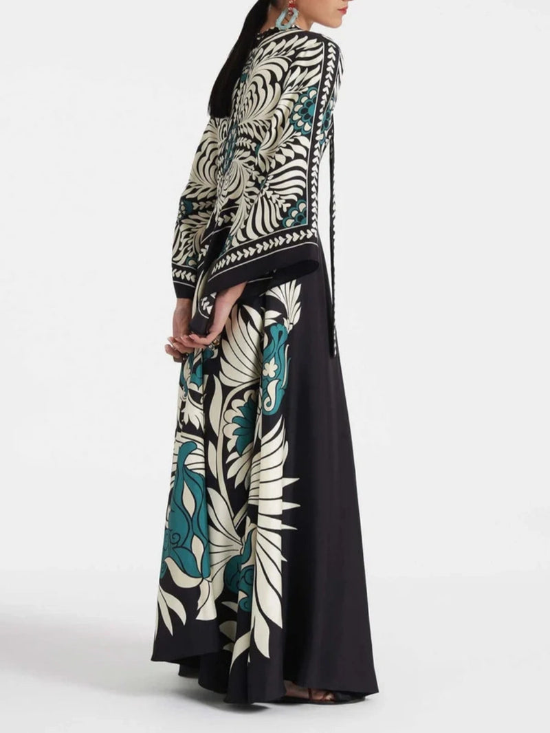 Elegance Print Waterfall Sleeves Maxi Dress