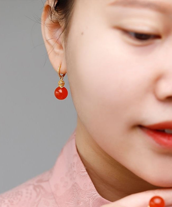 Art Red 18k Gold Inlaid Agate Drop Earrings