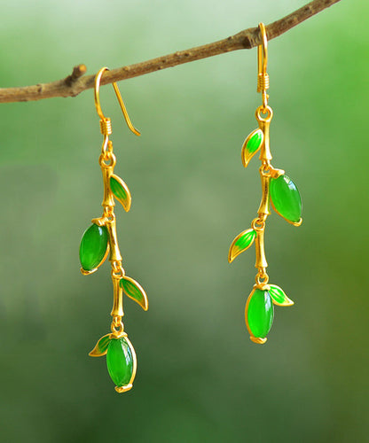 Green Silver Gold Plated Inlaid Jade Drop Earrings