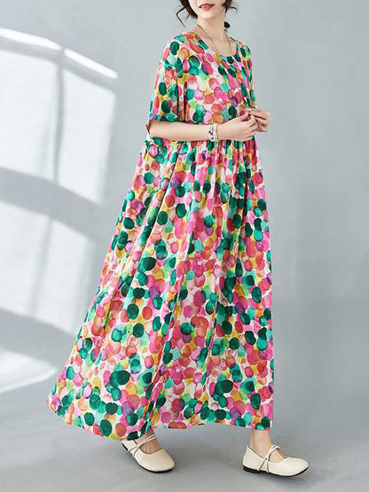 Half Sleeves Loose Pleated Polka-dot Printed Split-joint Round-neck Midi Dresses