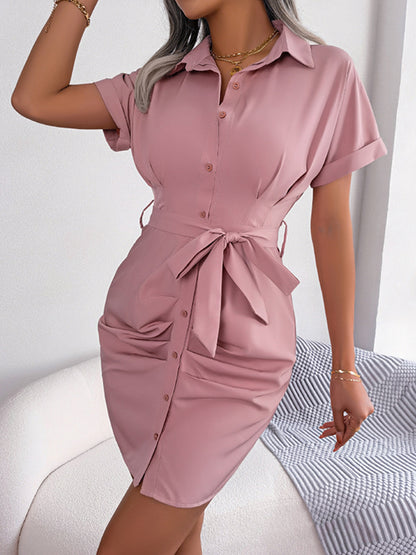 Short Sleeves Bandage Pleated Color Lapel Mini Dresses