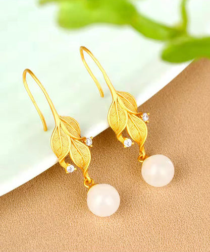 Gold Sterling Silver Overgild Zircon Jade Leaf Drop Earrings