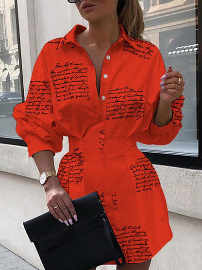 Long Sleeves Loose Letter Print Pleated Split-joint Lapel Mini Dresses Shirt Dress
