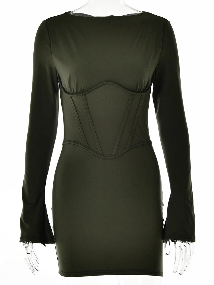 Illusion Bodycone Mini Dress O-neck Split Flare Sleeve Wrap Skirt Slim Bodycon Spring Summer New Partywear