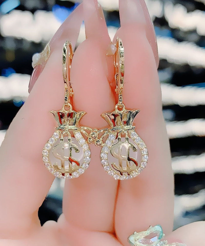 Gold Opal Zircon Money Bag Drop Earrings