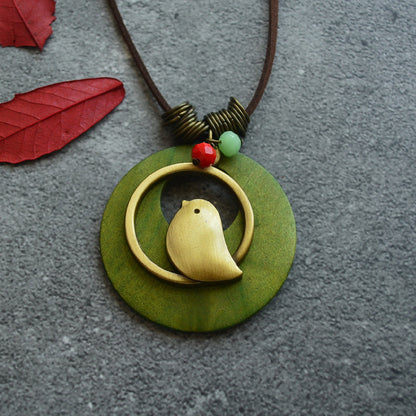 Wood Chip Bird Pendant Long Necklace