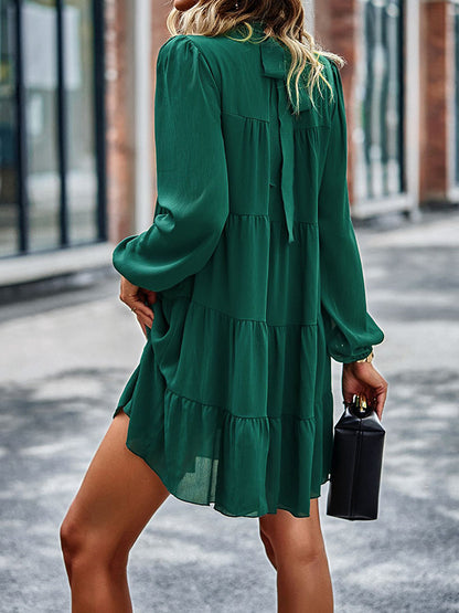 A-line Bishop Sleeve Elasticity Pleated Color Split-joint Tied Mock Neck Mini Dresses
