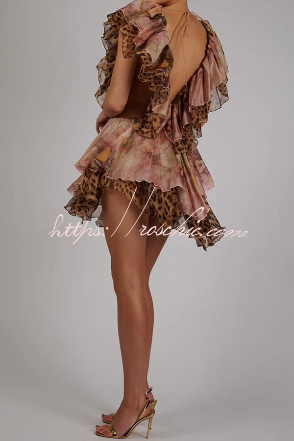 Dreamy Island Leopard Print Cutout Waist Tiered Ruffles Mini Dress