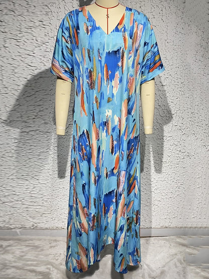 Loose Short Sleeves Contrast Color High-waisted Printed V-neck Maxi Dresses