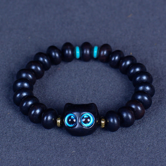 Buddha Stones Ebony Wood Liuli Glass Cat Peace Balance Bracelet