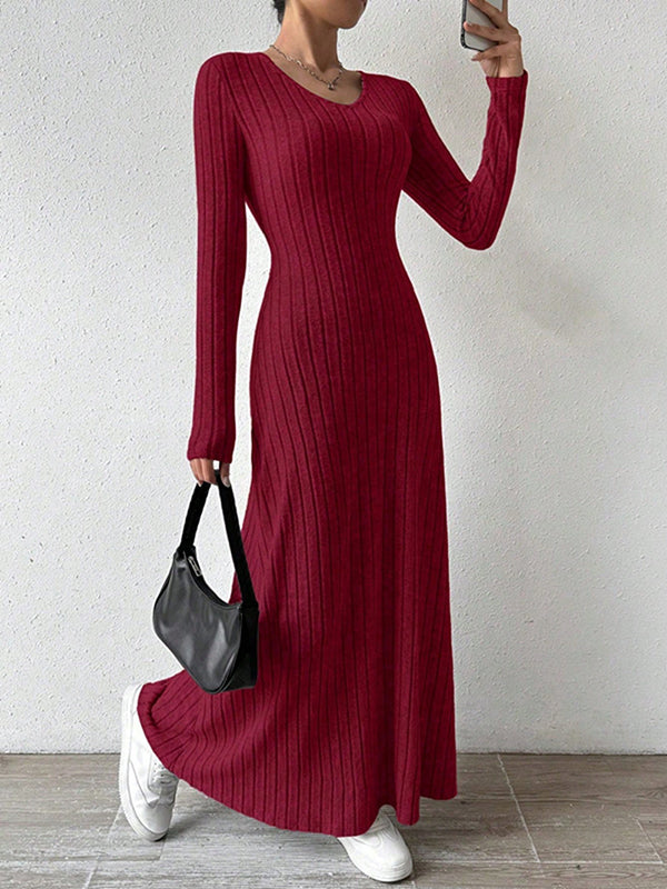 Long Sleeves Skinny Color V-neck Maxi Dresses Sweater Dresses