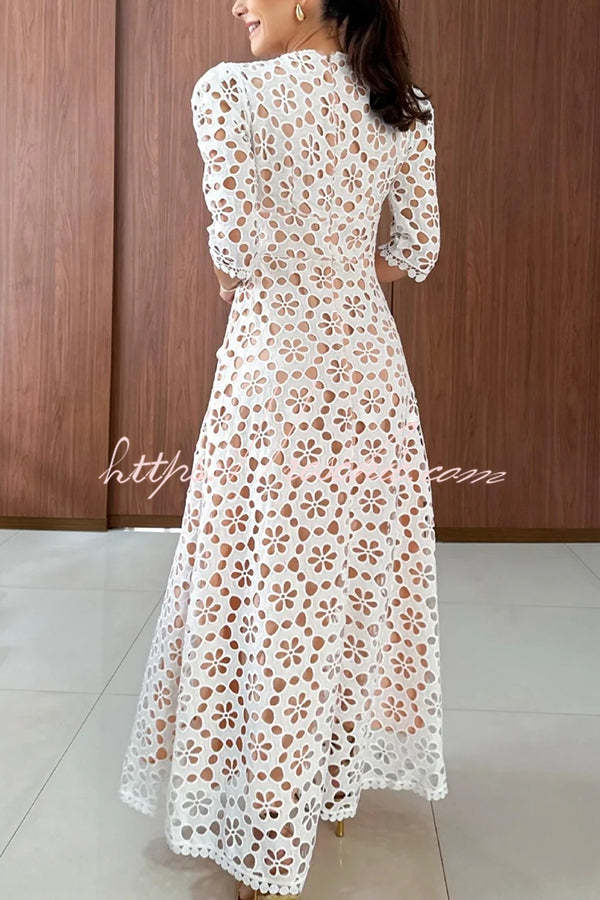 Best Day Ever Crochet Lace Puff Sleeve Lined Maxi Dress