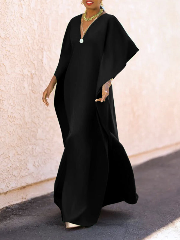 Batwing Sleeves Loose Color Split-side V-neck Maxi Dresses
