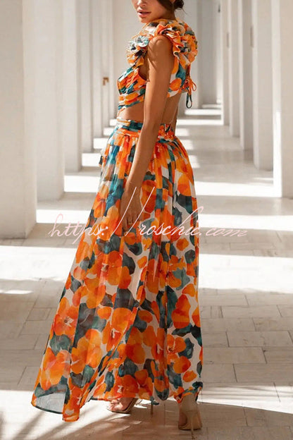 Lost in the Melody Chiffon Printed Flutter Sleeve Cutout Back Lace-up Maxi Dress
