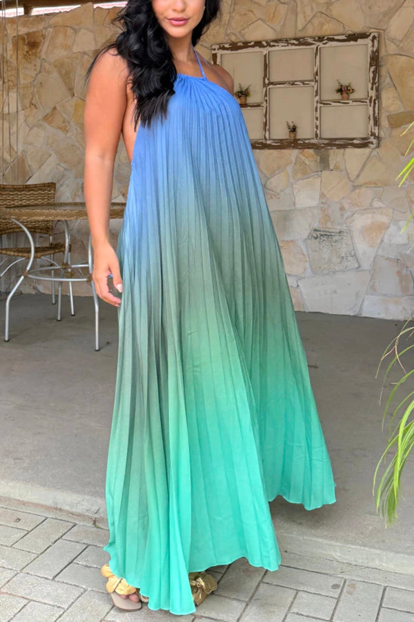 Sea Goddess Gradient Print Pleated Halter Backless A-line Maxi Dress