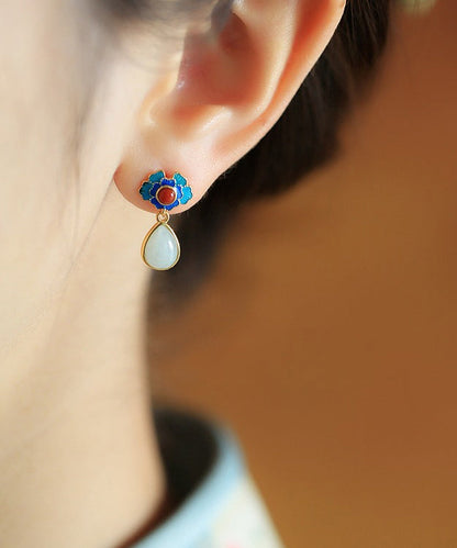 Blue Sterling Silver Jade Jadeite Stud Earrings