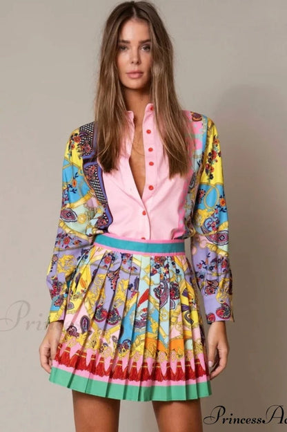 Print Blouse and Pleated Skirt Set