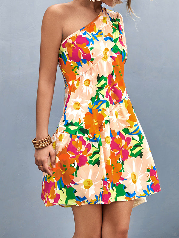 A-line Bishop Sleeve Flower Print Split-joint One-shoulder Mini Dresses