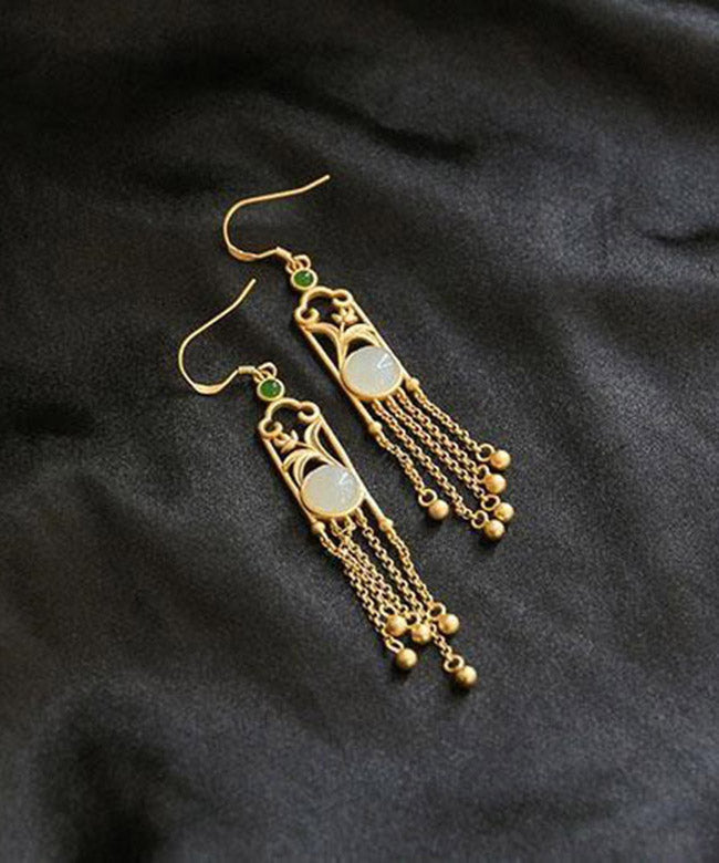 White Sterling Silver Jade Tassel Drop Earrings