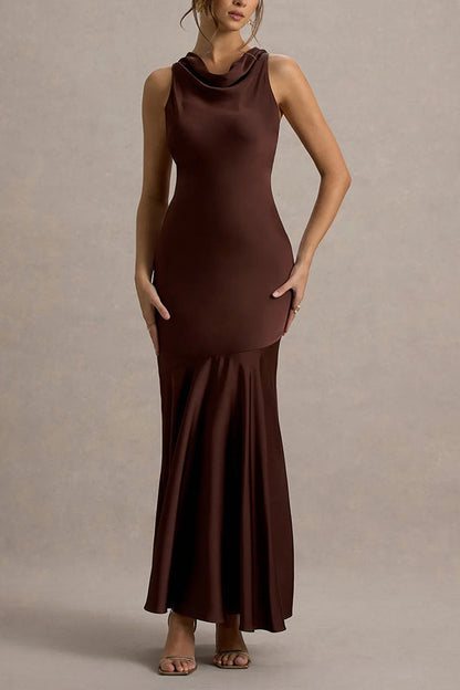 Timeless Sophistication Satin Cowl Detail Back Self-tie Halter Neck Maxi Dress