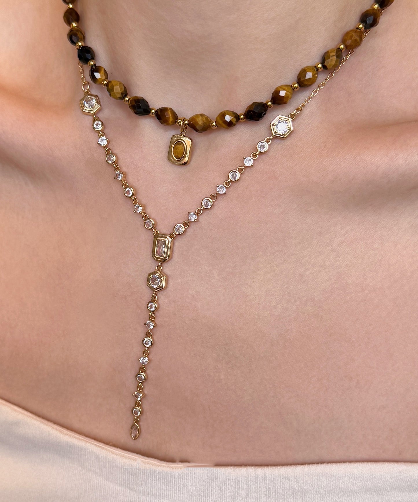 Brown Tiger's Eye Zircon Tassel Layering Titanium Steel Two Piece Set Necklace