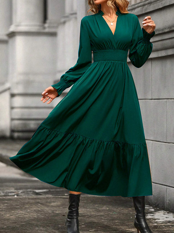 A-line Flared Sleeves Elasticity Pleated Color V-neck Midi Dresses