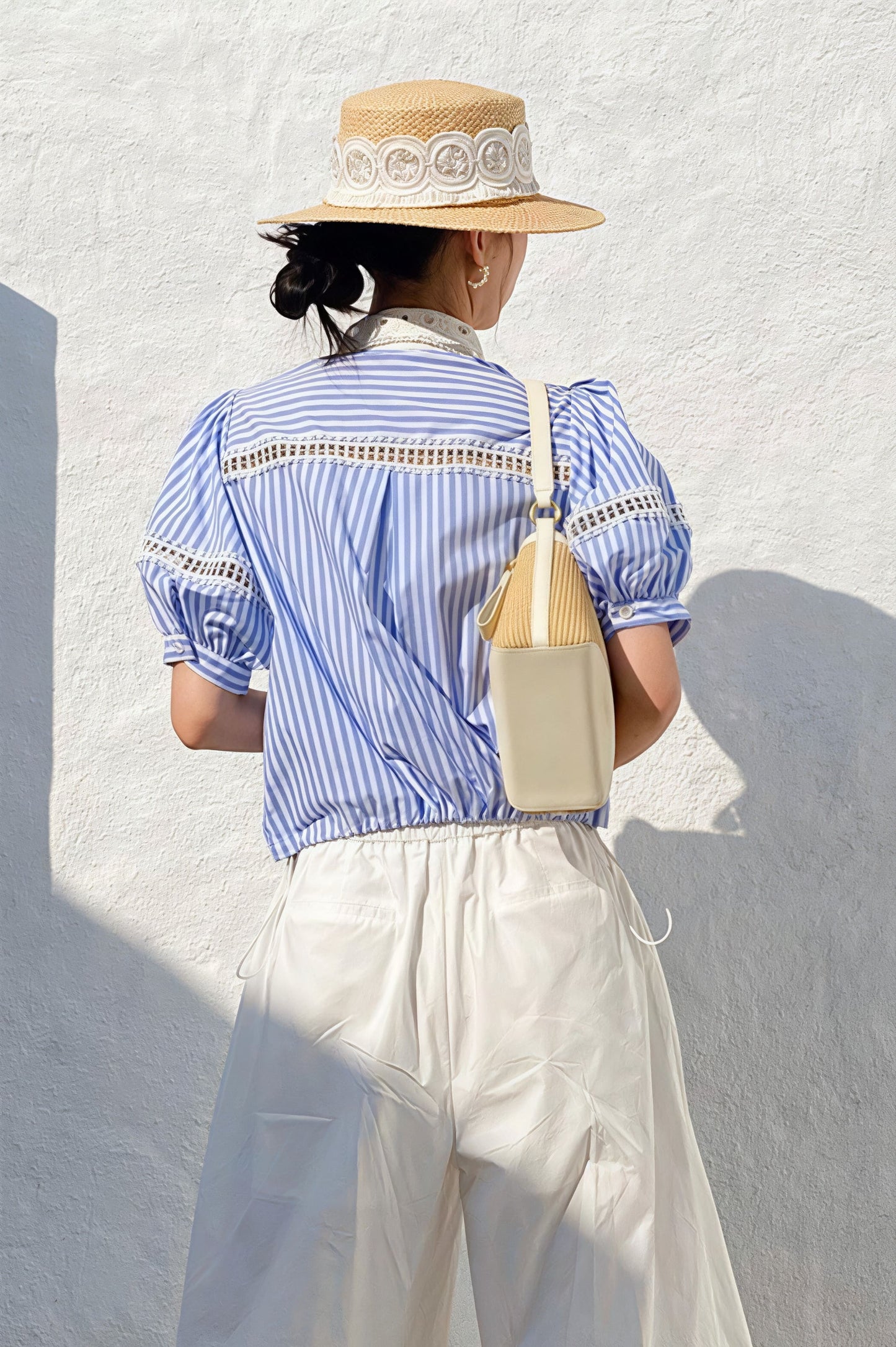 Stripe Lace Puff Sleeve Blouse