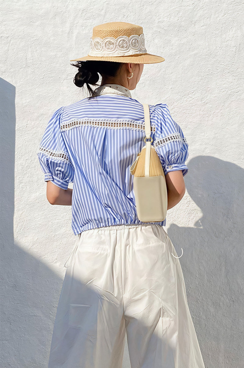 Stripe Lace Puff Sleeve Blouse