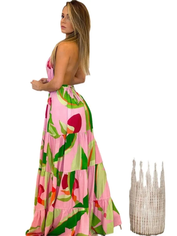 Style Print Halter Neck Dresses V-neck Backless Vacation Beach Long Dress Commuting Clothing Vestidos