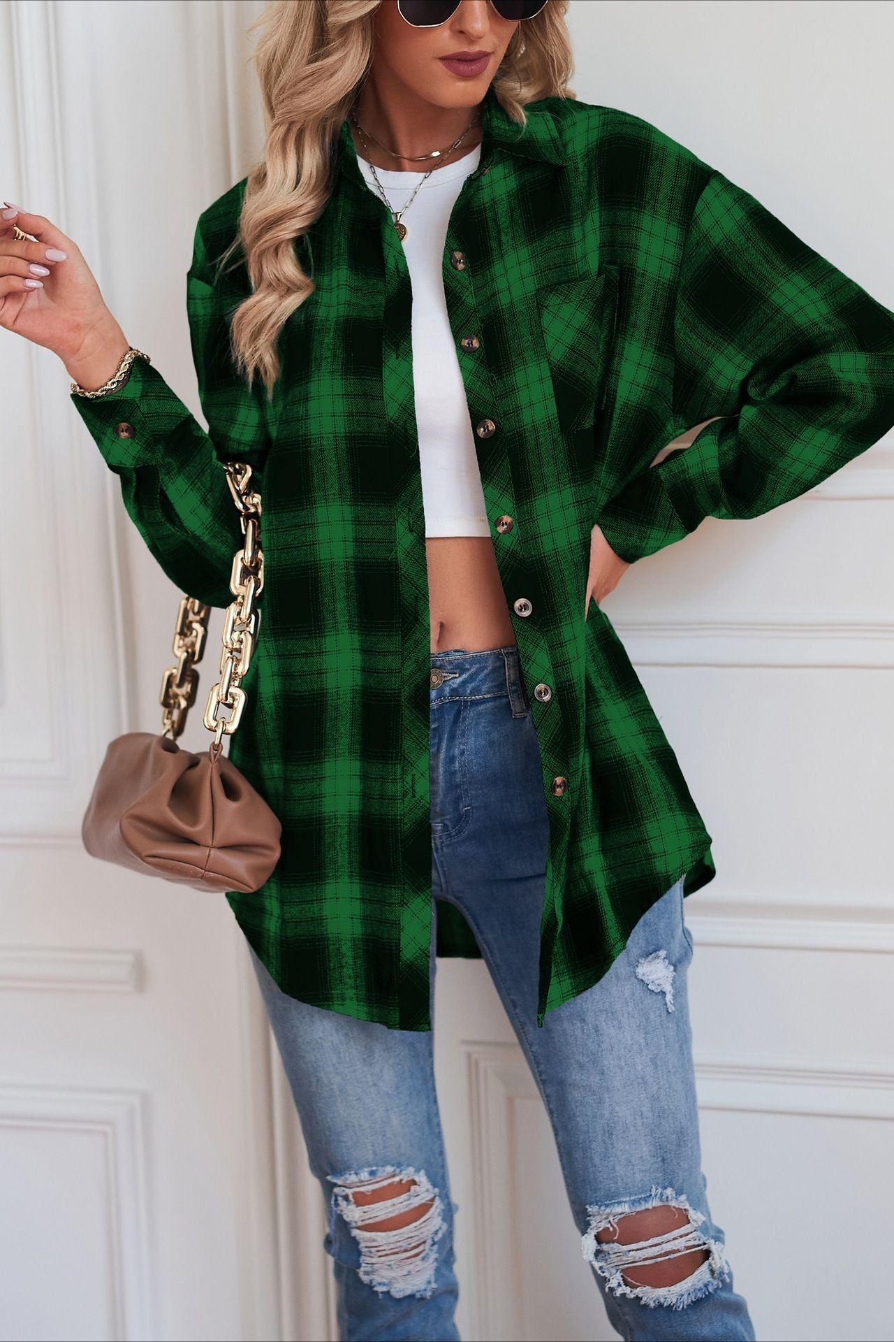 Boyfriend Fit Plaid Collared Blouse