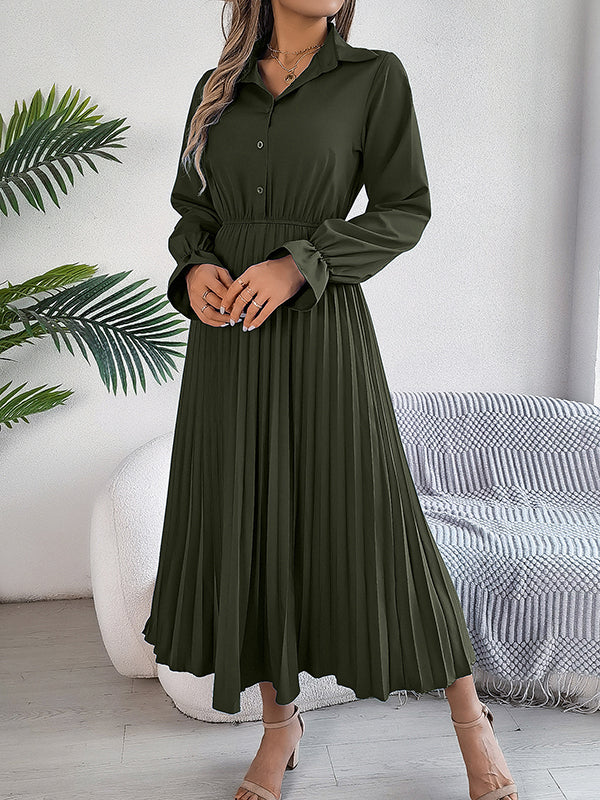A-line Flared Sleeves Buttoned Elasticity Pleated Color Lapel Maxi Dresses