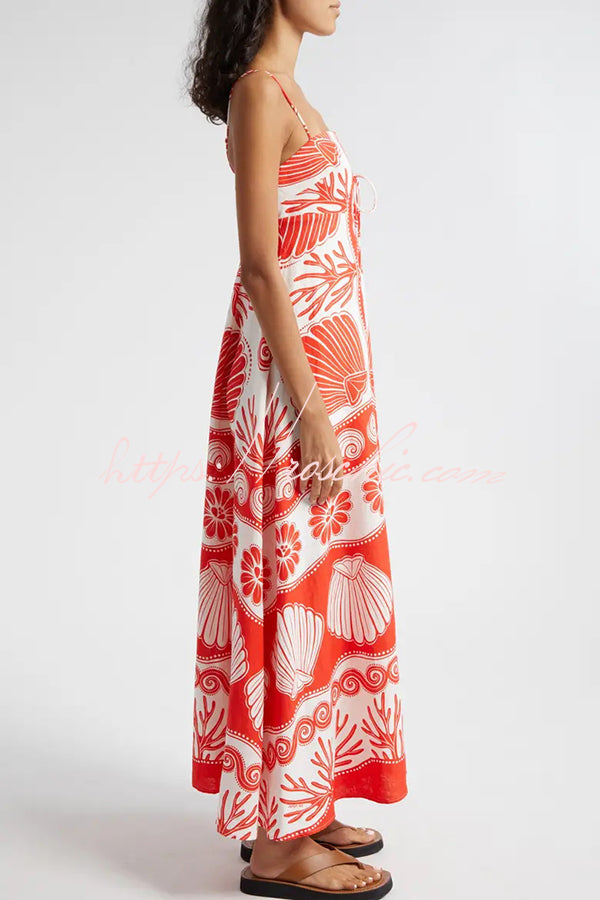 Shell Unique Print Front Lace-up Loose Maxi Dress