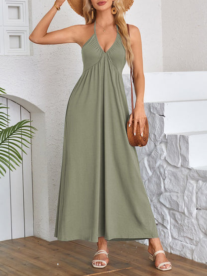 A-line Loose Pleated Color Split-joint Deep V-neck Maxi Dresses