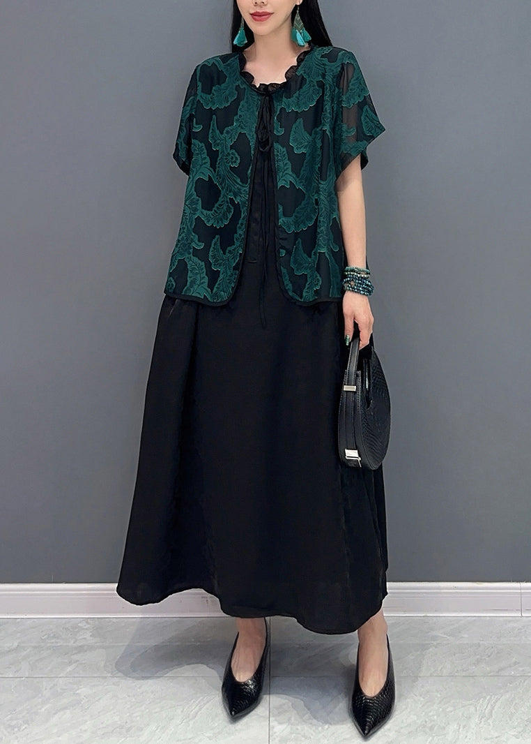 Handmade Green O-neck Print Fake Two Pieces Long Dress Summer Ao1048