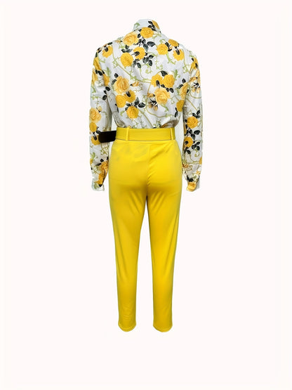 Print V Neck Long Sleeve Blouse & Belted Tapered Pants Td0870