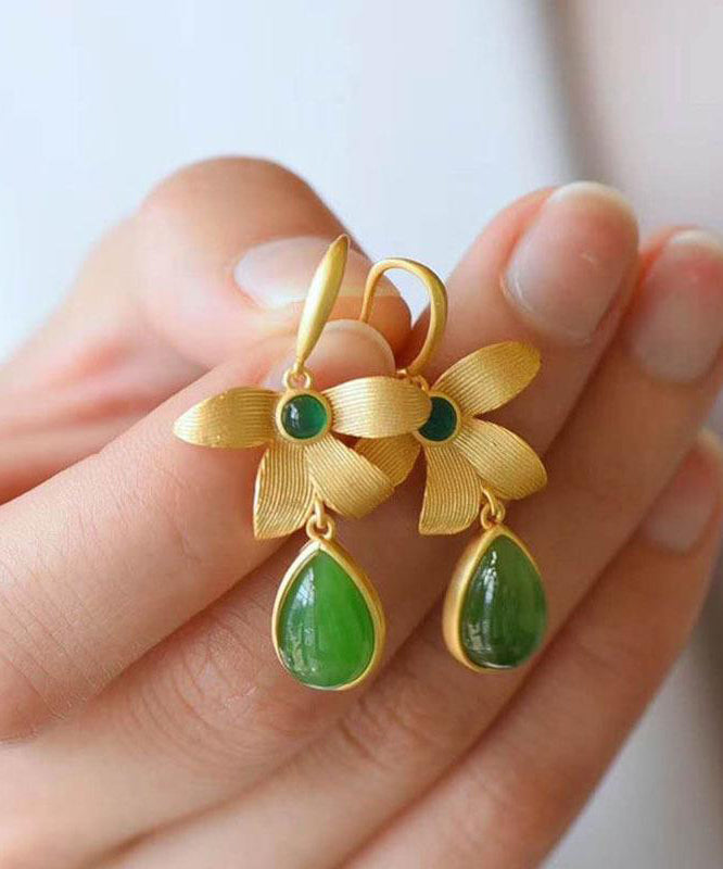 Gold Sterling Silver Overgild Inlaid Jade Drop Earrings