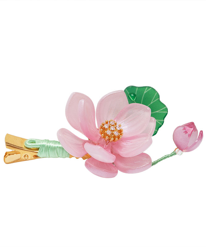 Pink Alloy Chiffon Colored Glaze Pearl Lotus Tassel Hairpin